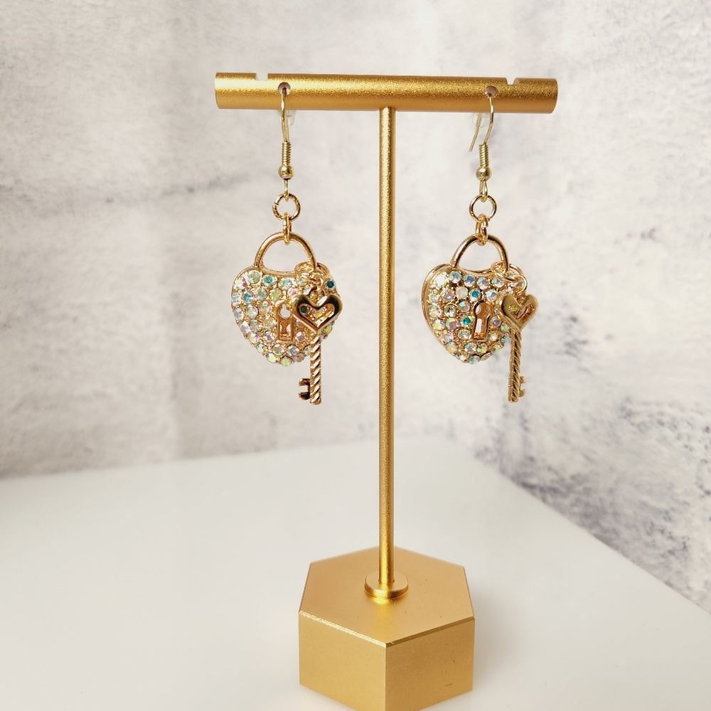 Rhinestone Heart Lock and Key Gold Earrings